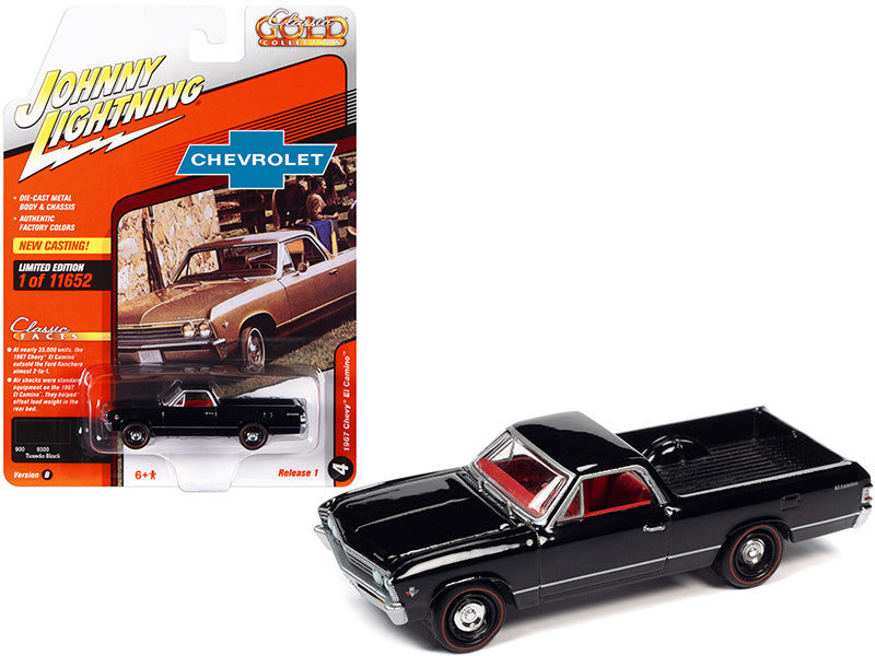 1967 Chevrolet El Camino Tuxedo Black with Red Interior 'Classic Gold Collection' Series Limited Edition to 11652 pieces Worldwide 1/64 Diecast Model Car by Johnny Lightning