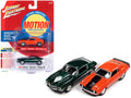 1969 Chevrolet Camaro ZLX Phase III Hugger Orange with Black Stripes and 1973 Chevrolet Camaro Phase III Dark Green Metallic and White 'Baldwin Motion' Set of 2 Cars 1/64 Diecast Model Cars by Johnny Lightning