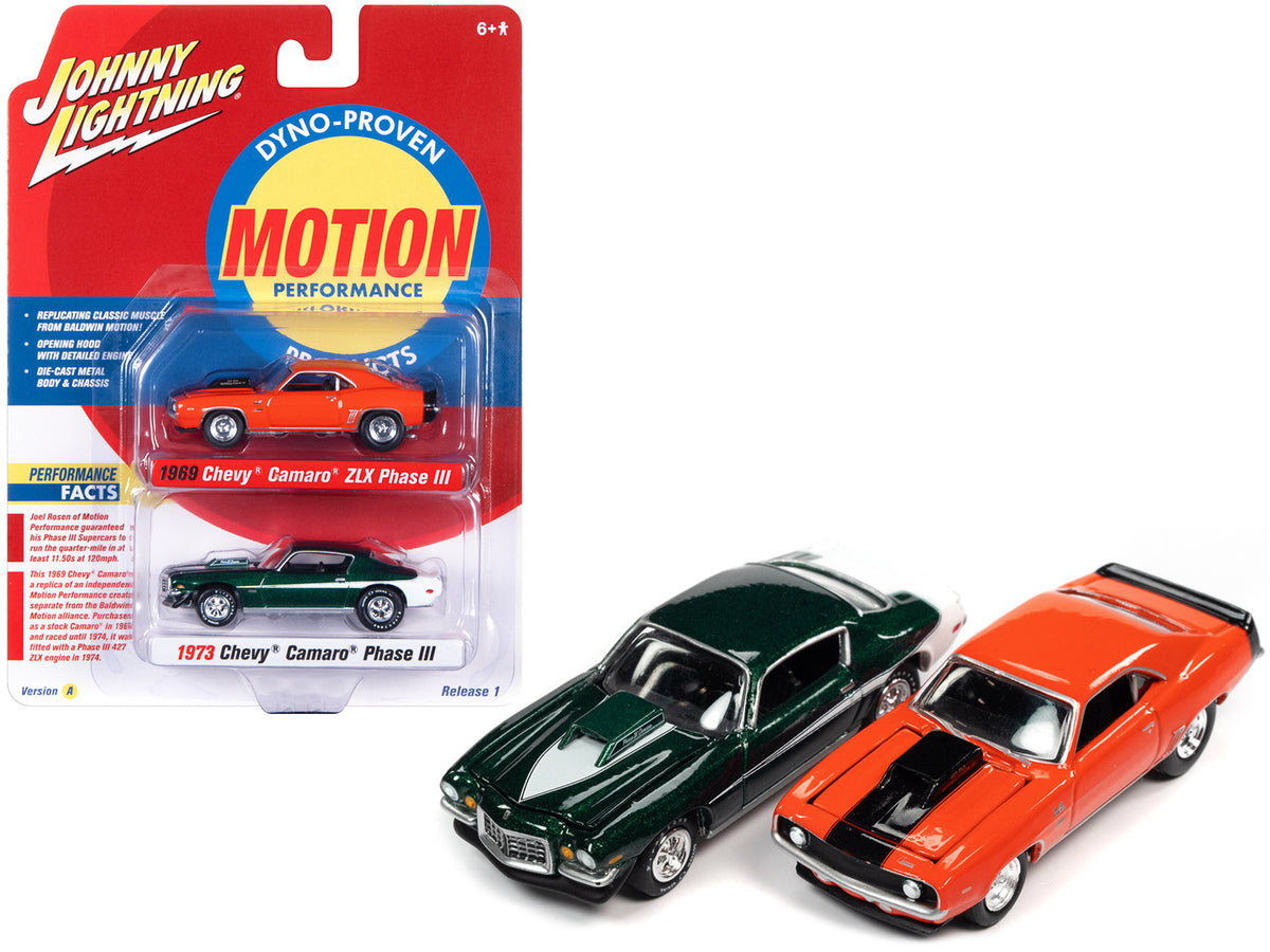 1969 Chevrolet Camaro ZLX Phase III Hugger Orange with Black Stripes and 1973 Chevrolet Camaro Phase III Dark Green Metallic and White 'Baldwin Motion' Set of 2 Cars 1/64 Diecast Model Cars by Johnny Lightning