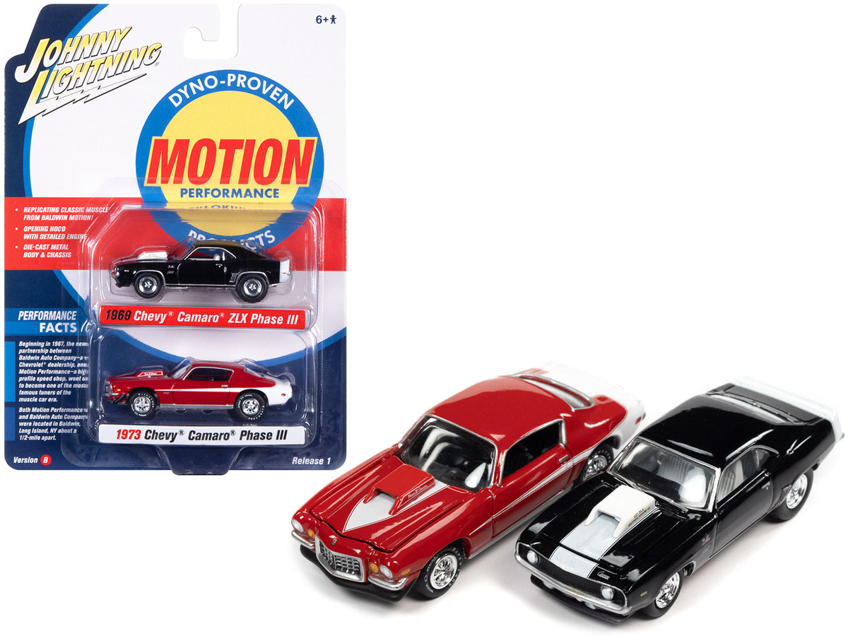 1969 Chevrolet Camaro ZLX Phase III Black with White Stripes and 1973 Chevrolet Camaro Phase III Medium Red and White 'Baldwin Motion' Set of 2 Cars 1/64 Diecast Model Cars by Johnny Lightning