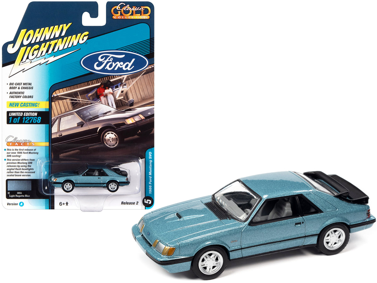 1986 Ford Mustang SVO Light Regatta Blue Metallic with Black Stripes 'Classic Gold Collection' Series Limited Edition to 12768 pieces Worldwide 1/64 Diecast Model Car by Johnny Lightning