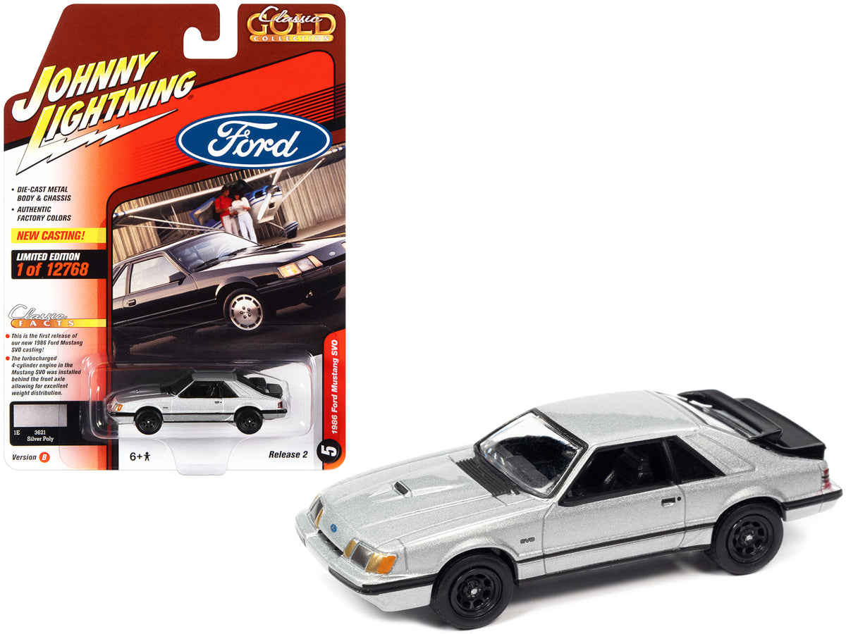 1986 Ford Mustang SVO Silver Metallic with Black Stripes 'Classic Gold Collection' Series Limited Edition to 12768 pieces Worldwide 1/64 Diecast Model Car by Johnny Lightning