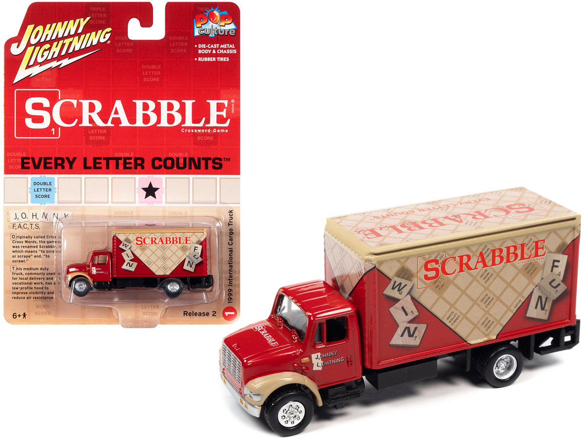 1999 International Cargo Truck Red with Graphics 'Scrabble' 'Pop Culture' 2022 Release 2 1/64 Diecast Model Car by Johnny Lightning