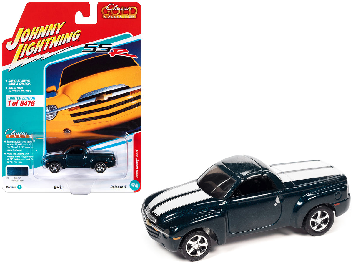 2005 Chevrolet SSR Pickup Truck Bermuda Blue Metallic with White Stripes 'Classic Gold Collection' Series Limited Edition to 8476 pieces Worldwide 1/64 Diecast Model Car by Johnny Lightning