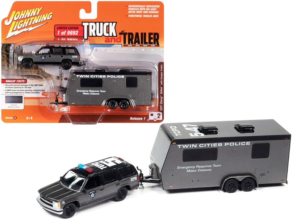 1997 Chevrolet Tahoe 'SWAT' Custom Gray Metallic and Black with 'Twin Cities Police' Camper Trailer Limited Edition to 9892 pieces Worldwide 'Truck and Trailer' Series 1/64 Diecast Model Car by Johnny Lightning
