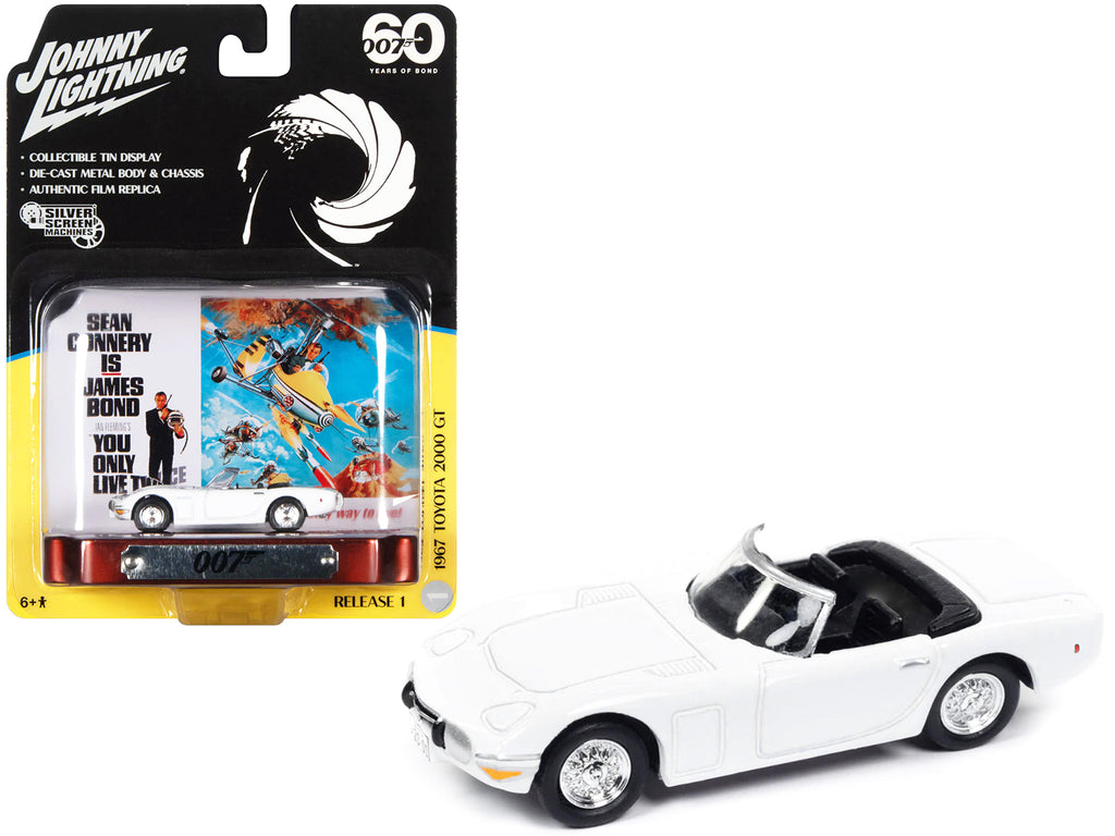 1967 Toyota 2000 GT Convertible RHD (Right Hand Drive) White 007 (James Bond) 'You Only Live Twice' (1967) Movie with Collectible Tin Display 'Silver Screen Machines' Series 1/64 Diecast Model Car by Johnny Lightning