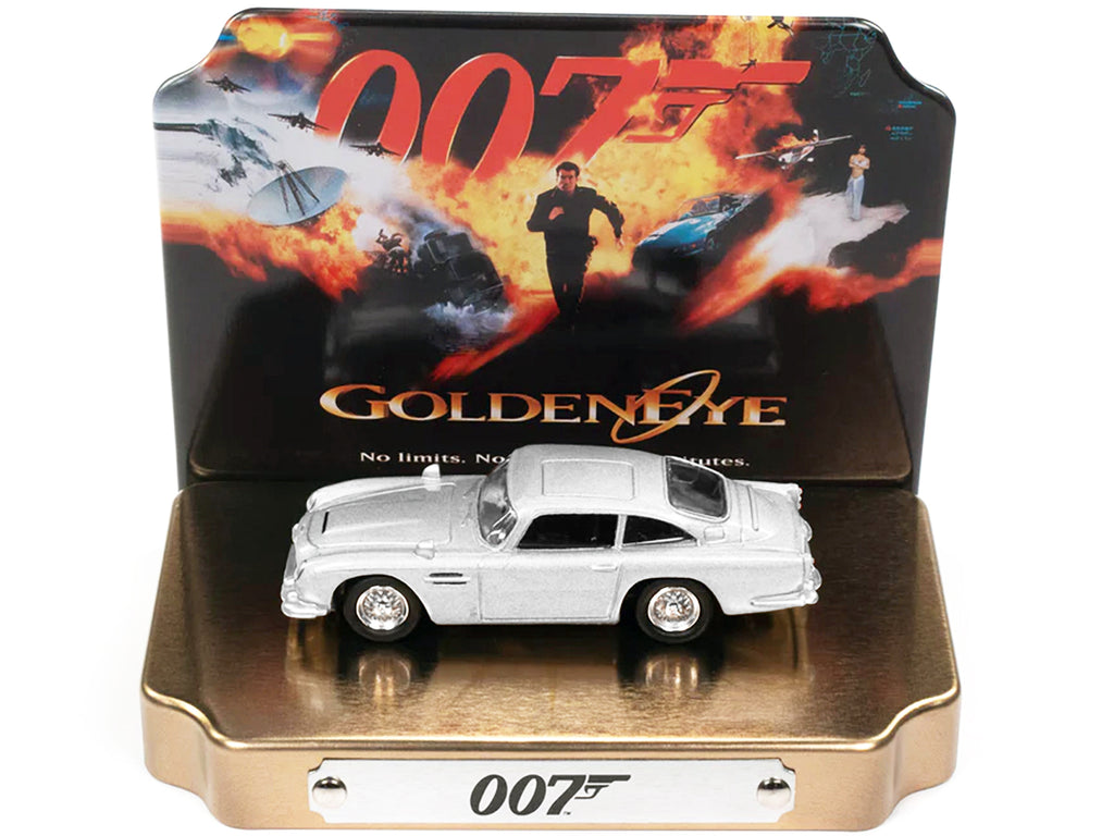 Aston Martin DB5 RHD (Right Hand Drive) Silver Metallic 007 (James Bond) 'GoldenEye' (1995) Movie with Collectible Tin Display 'Silver Screen Machines' Series 1/64 Diecast Model Car by Johnny Lightning