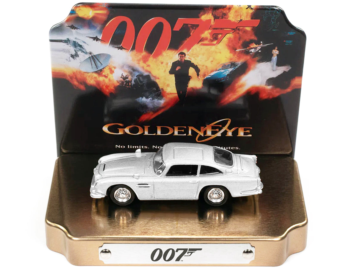 Aston Martin DB5 RHD (Right Hand Drive) Silver Metallic 007 (James Bond) 'GoldenEye' (1995) Movie with Collectible Tin Display 'Silver Screen Machines' Series 1/64 Diecast Model Car by Johnny Lightning