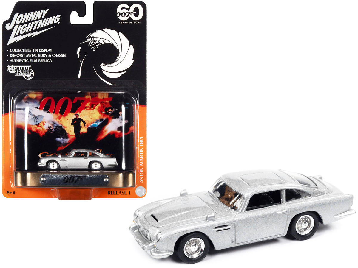 Aston Martin DB5 RHD (Right Hand Drive) Silver Metallic 007 (James Bond) 'GoldenEye' (1995) Movie with Collectible Tin Display 'Silver Screen Machines' Series 1/64 Diecast Model Car by Johnny Lightning