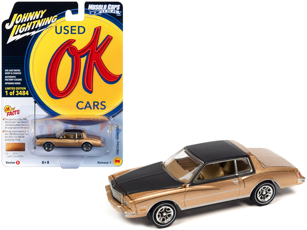 1980 Chevrolet Monte Carlo Light Camel Gold Metallic with Black Top and Hood Limited Edition to 3484 pieces Worldwide 'OK Used Cars' 2023 Series 1/64 Diecast Model Car by Johnny Lightning
