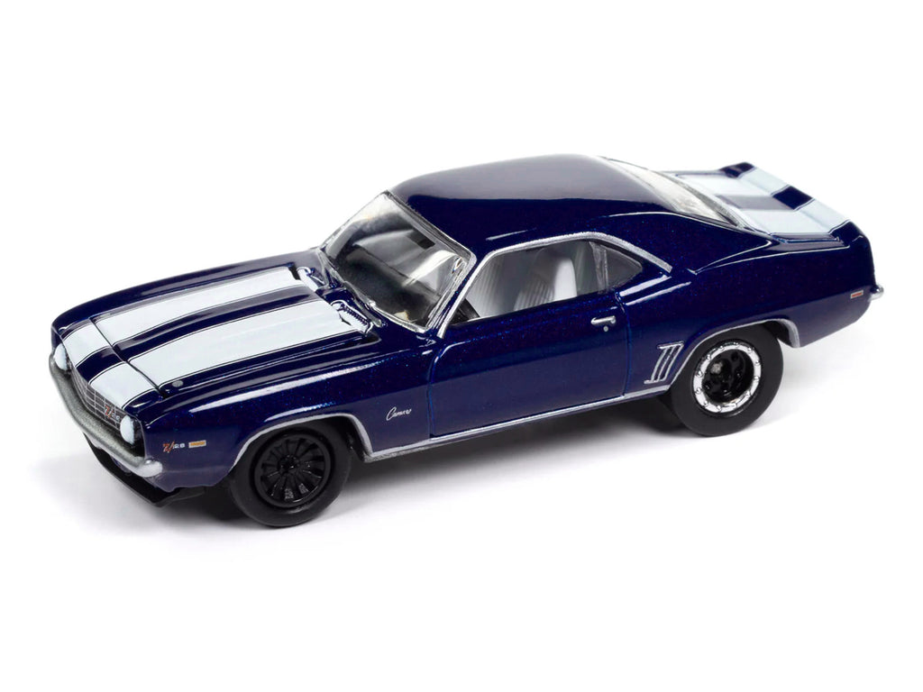 1969 Chevrolet Camaro Z28 Blue Metallic with White Stripes and Interior 'Muscle Cars USA' Series 1/64 Diecast Model Car by Johnny Lightning