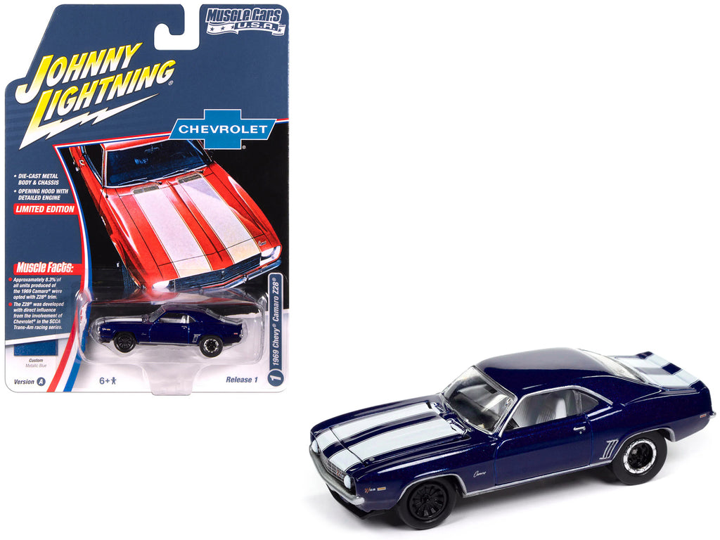1969 Chevrolet Camaro Z28 Blue Metallic with White Stripes and Interior 'Muscle Cars USA' Series 1/64 Diecast Model Car by Johnny Lightning