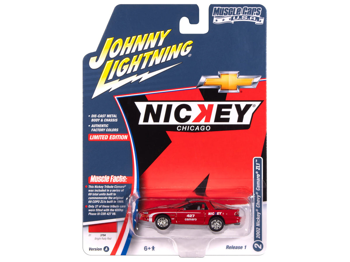 2002 Chevrolet Nickey Camaro ZL1 Bright Rally Red with White Stripes 'Muscle Cars USA' Series 1/64 Diecast Model Car by Johnny Lightning