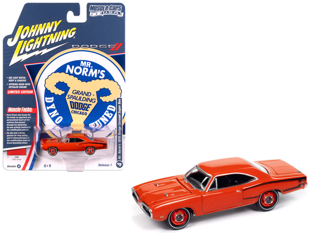 1970 Dodge Coronet Super Bee 'Mr. Norm's' Hemi Orange with Black Stripes 'Muscle Cars USA' Series 1/64 Diecast Model Car by Johnny Lightning