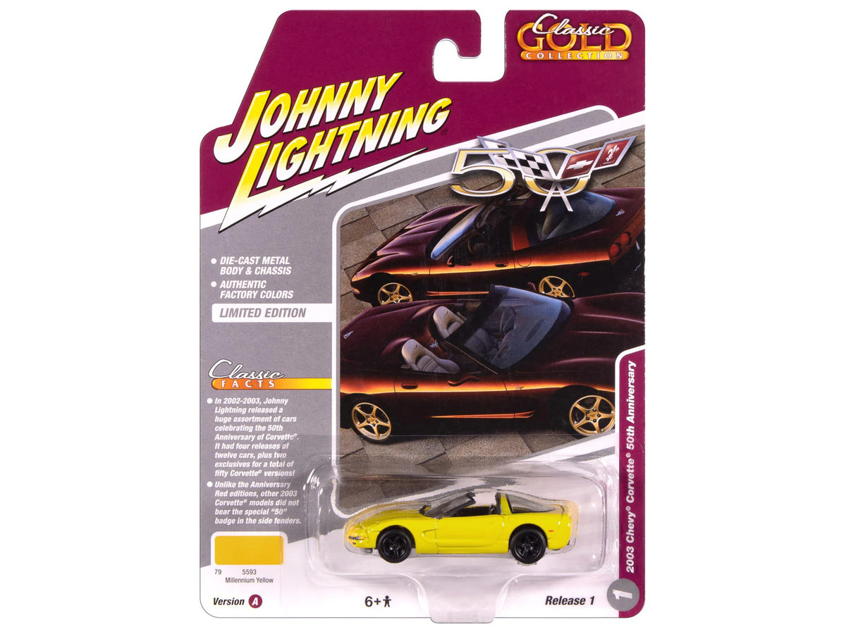 2003 Chevrolet Corvette Convertible '50th Anniversary' Millennium Yellow 'Classic Gold Collection' 1/64 Diecast Model Car by Johnny Lightning