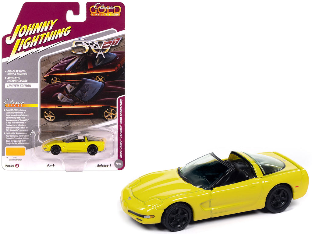 2003 Chevrolet Corvette Convertible '50th Anniversary' Millennium Yellow 'Classic Gold Collection' 1/64 Diecast Model Car by Johnny Lightning