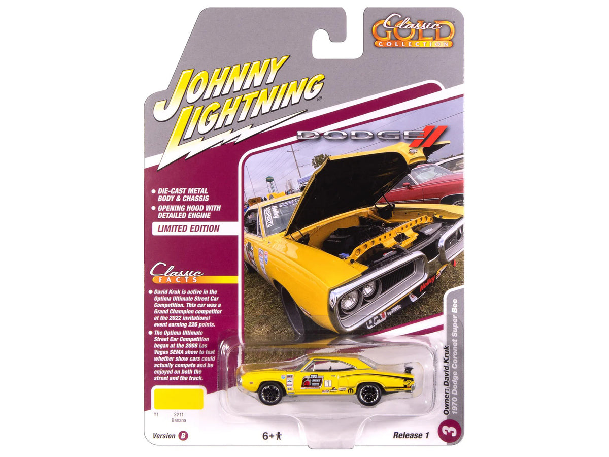 1970 Dodge Coronet Super Bee #1 'David Kruk' Banana Yellow with Black Stripes and Top 'Classic Gold Collection' 1/64 Diecast Model Car by Johnny Lightning