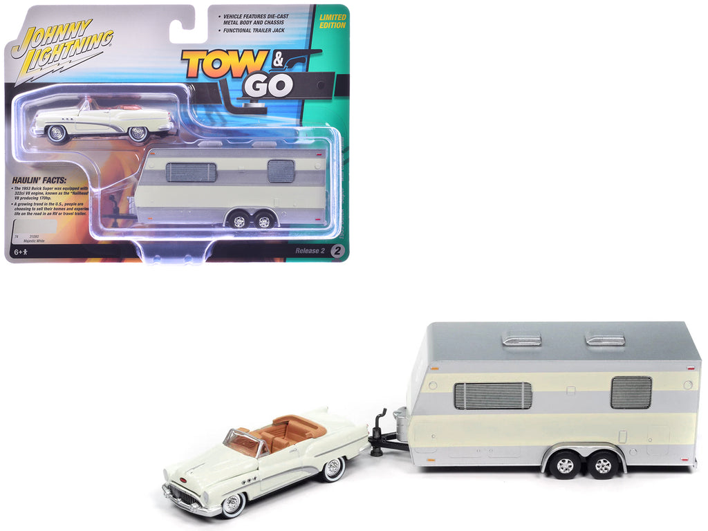 1953 Buick Super Cream with Travel Trailer Limited Edition 'Tow & Go' Series 1/64 Diecast Model Car by Johnny Lightning