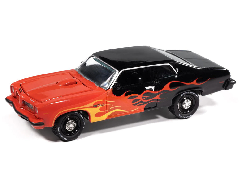 1974 Pontiac GTO Black and Red with Flame Graphics 'Black with Flames' Series 1/64 Diecast Model Car by Johnny Lightning