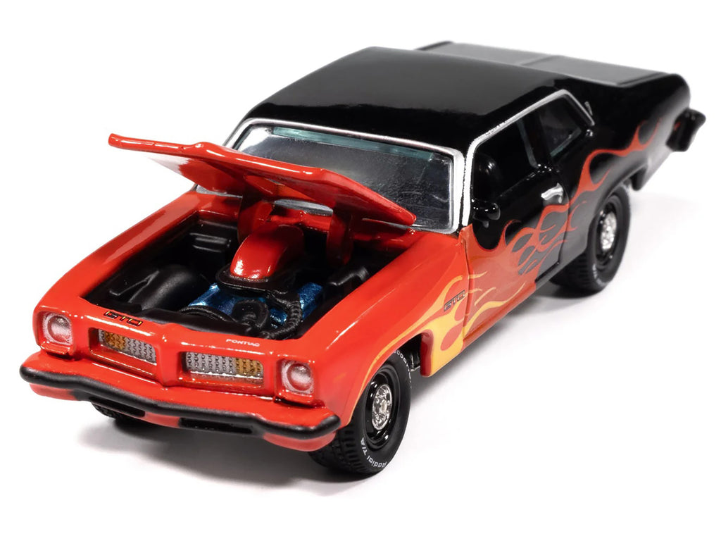 1974 Pontiac GTO Black and Red with Flame Graphics 'Black with Flames' Series 1/64 Diecast Model Car by Johnny Lightning