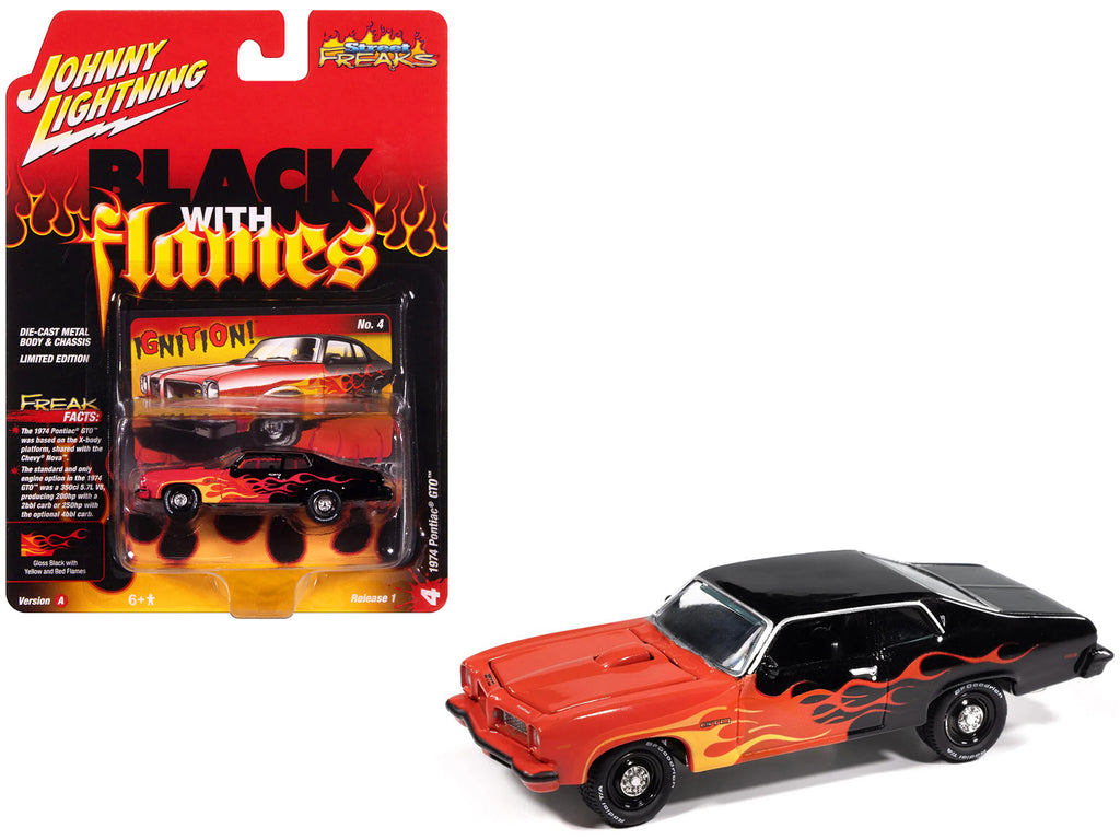 1974 Pontiac GTO Black and Red with Flame Graphics 'Black with Flames' Series 1/64 Diecast Model Car by Johnny Lightning