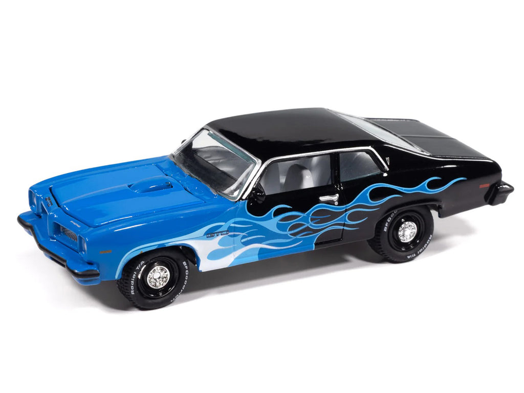 1974 Pontiac GTO Black and Blue with Blue Flame Graphics with White Interior 'Black with Flames' Series 1/64 Diecast Model Car by Johnny Lightning