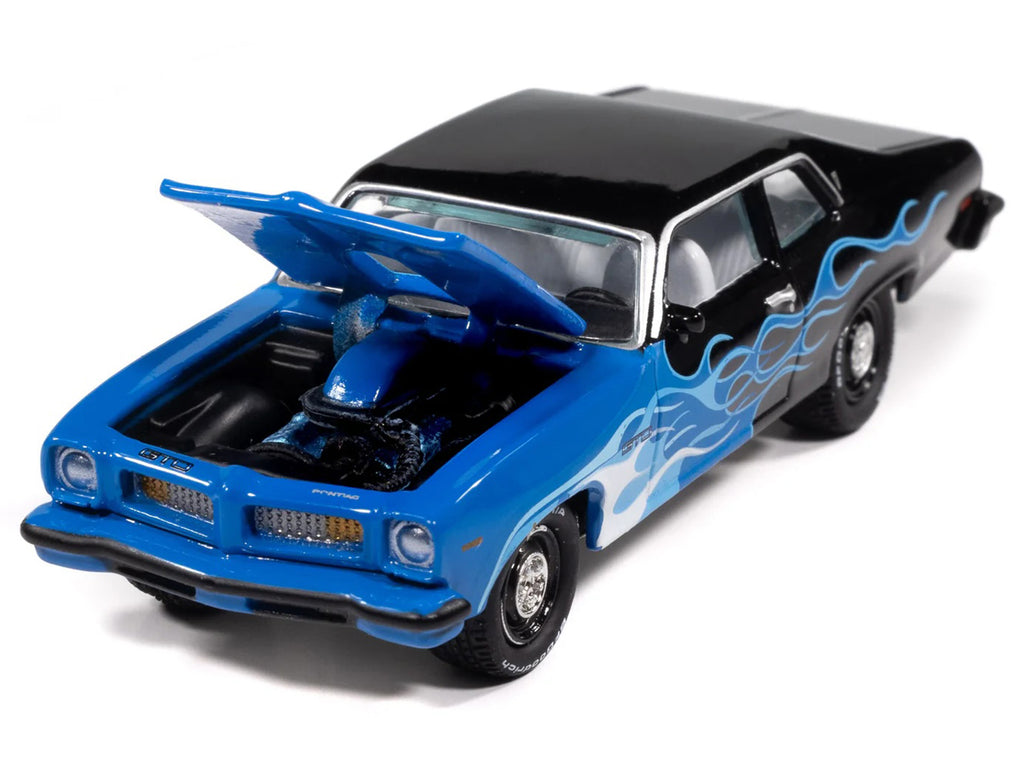 1974 Pontiac GTO Black and Blue with Blue Flame Graphics with White Interior 'Black with Flames' Series 1/64 Diecast Model Car by Johnny Lightning
