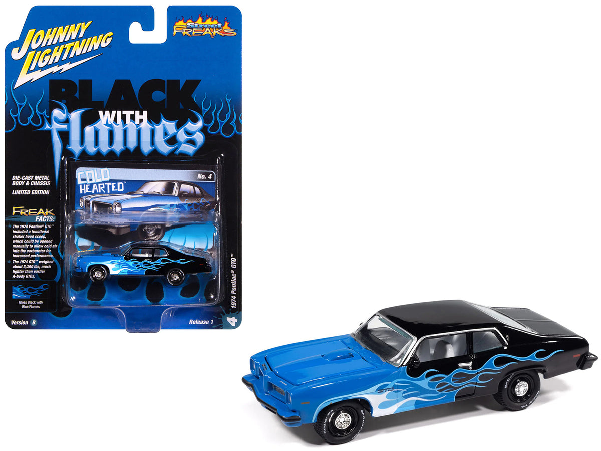 1974 Pontiac GTO Black and Blue with Blue Flame Graphics with White Interior 'Black with Flames' Series 1/64 Diecast Model Car by Johnny Lightning