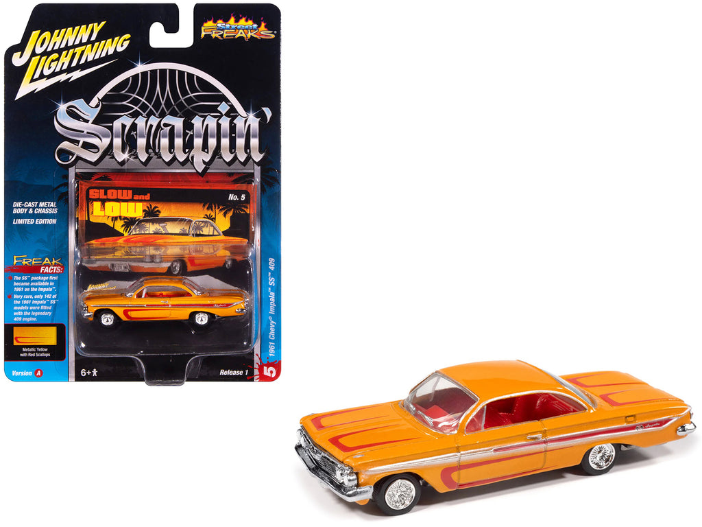 1961 Chevrolet Impala SS 409 Yellow Metallic with Red Stripes and Interior 'Scrapin' Series 1/64 Diecast Model Car by Johnny Lightning