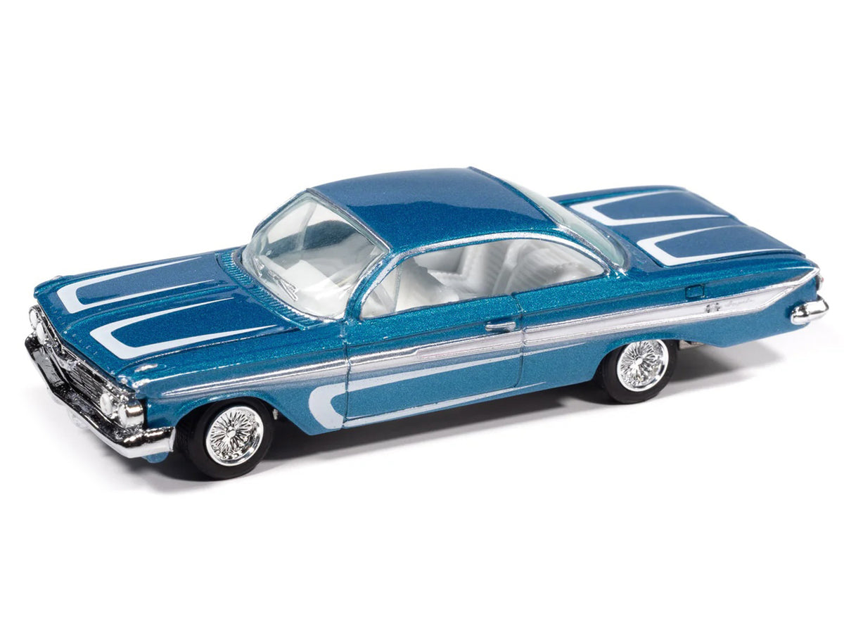 1961 Chevrolet Impala SS 409 Blue Metallic with White Stripes and Interior 'Scrapin'' Series 1/64 Diecast Model Car by Johnny Lightning