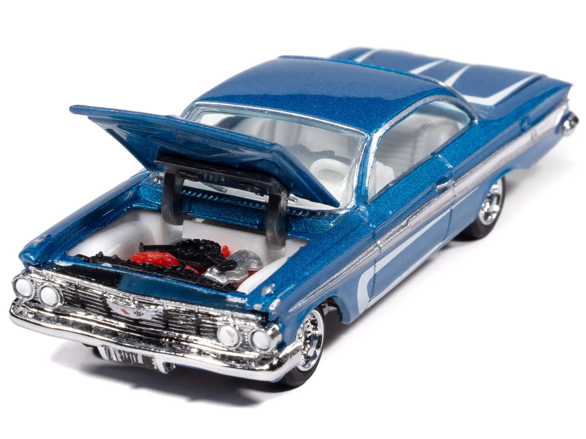 1961 Chevrolet Impala SS 409 Blue Metallic with White Stripes and Interior 'Scrapin'' Series 1/64 Diecast Model Car by Johnny Lightning