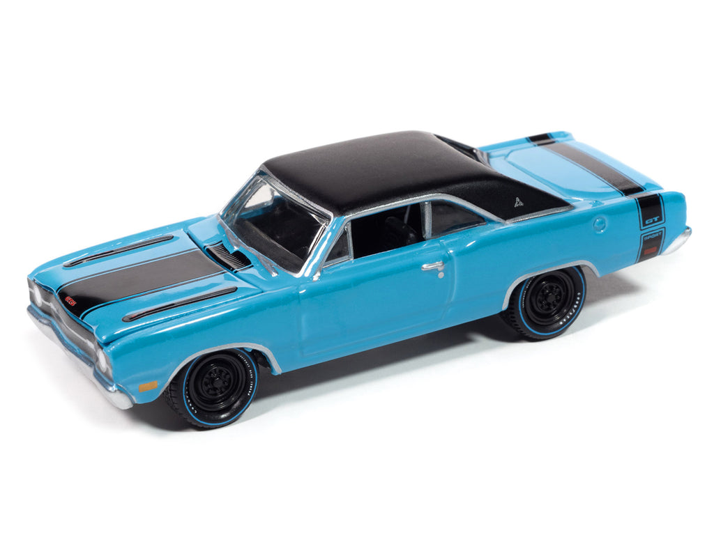 1969 Dodge Dart GTS 340 Blue with Black Top and Stripes 'Goodyear Blue Streak' 'Pop Culture' 2025 Release 1 1/64 Diecast Model Car by Johnny Lightning