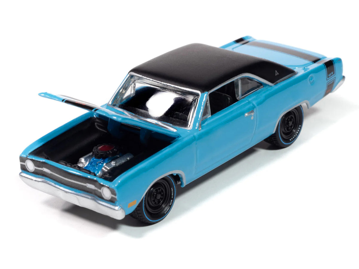 1969 Dodge Dart GTS 340 Blue with Black Top and Stripes 'Goodyear Blue Streak' 'Pop Culture' 2025 Release 1 1/64 Diecast Model Car by Johnny Lightning