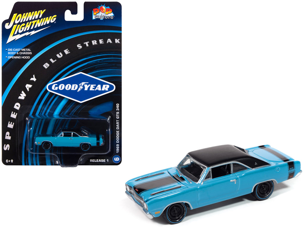 1969 Dodge Dart GTS 340 Blue with Black Top and Stripes 'Goodyear Blue Streak' 'Pop Culture' 2025 Release 1 1/64 Diecast Model Car by Johnny Lightning