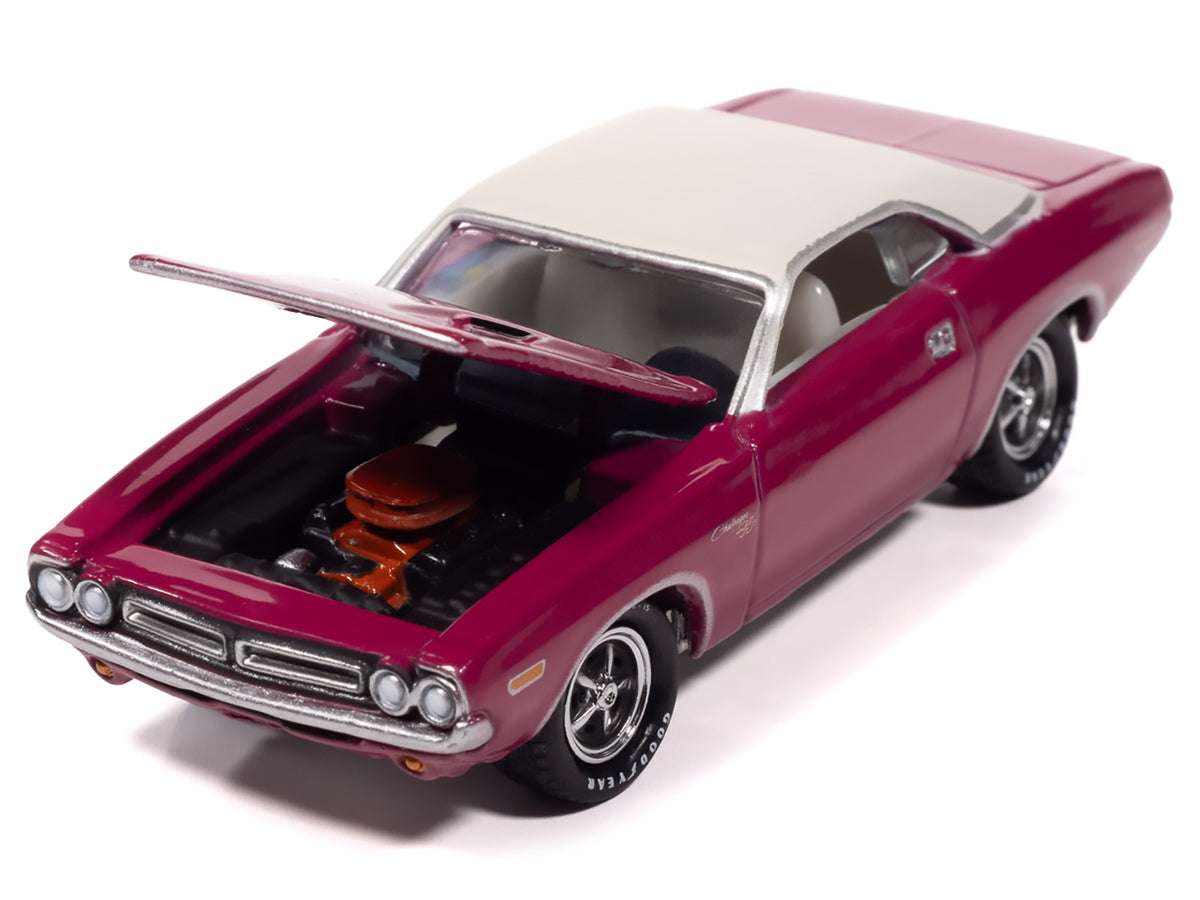 1971 Dodge Challenger R/T Panther Pink with White Top and Interior 'Classic Gold Collection' 1/64 Diecast Model Car by Johnny Lightning