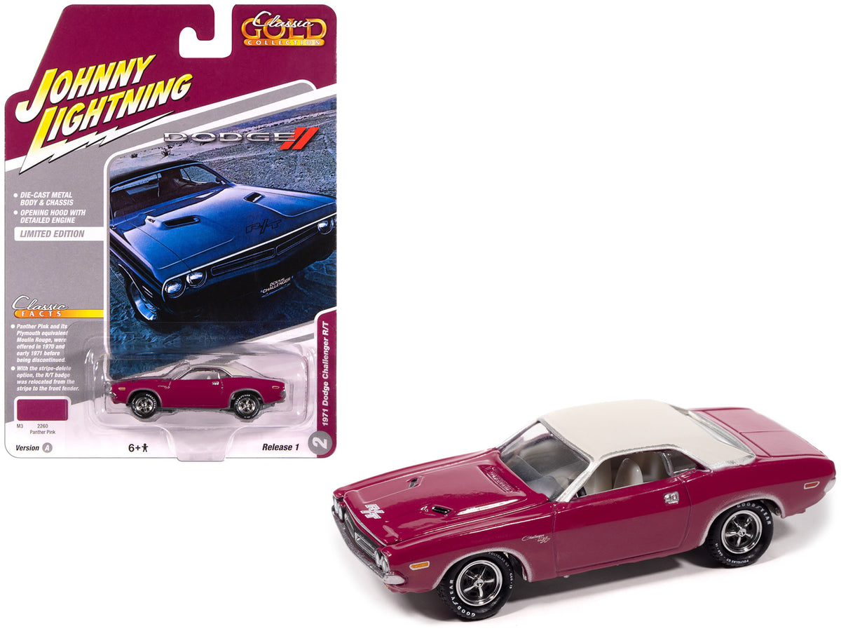 1971 Dodge Challenger R/T Panther Pink with White Top and Interior 'Classic Gold Collection' 1/64 Diecast Model Car by Johnny Lightning