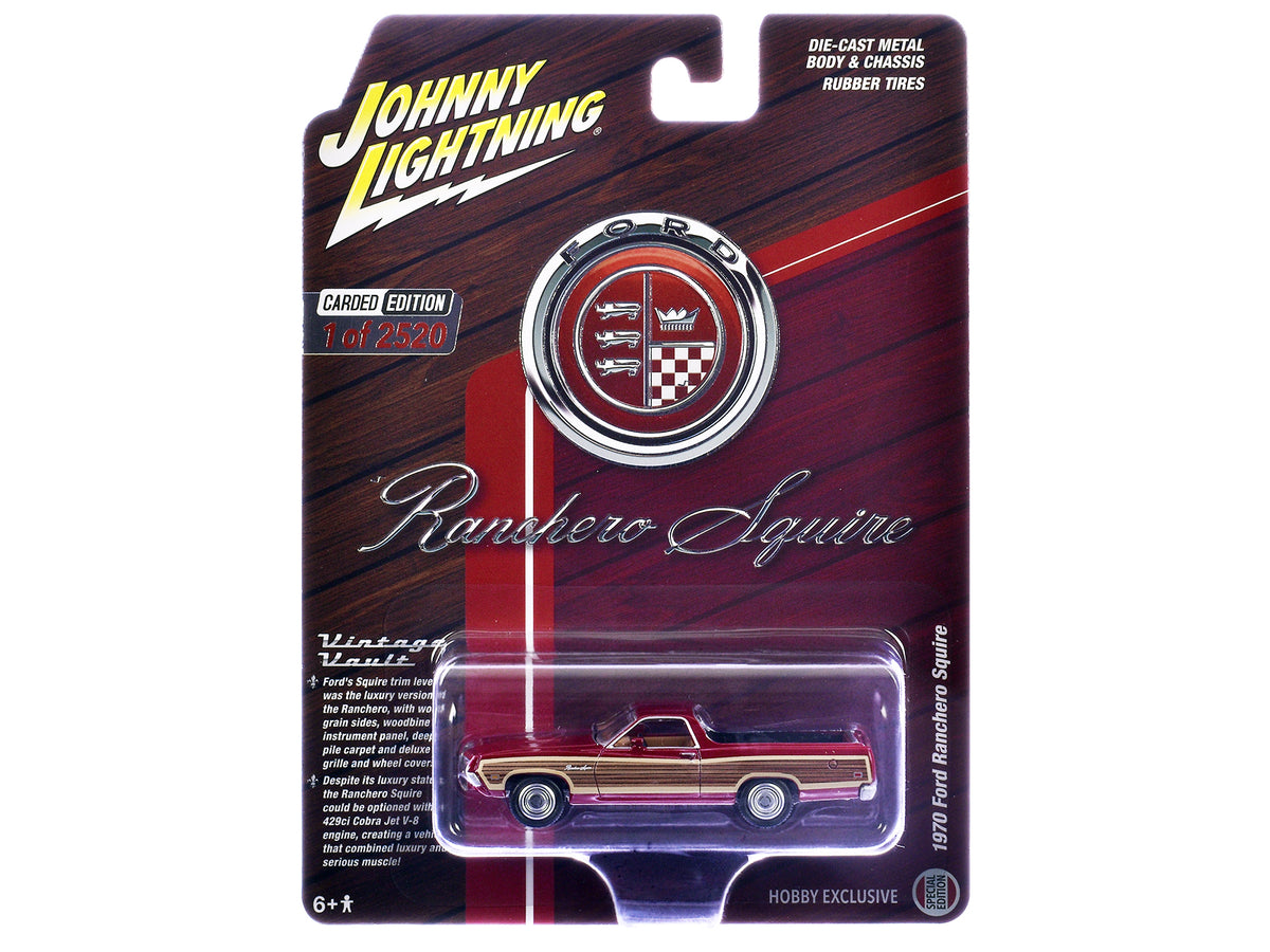 1970 Ford Ranchero Squire Red with Woodgrain Sides 'Hobby Exclusive' Series Limited Edition to 2520 pieces Worldwide 1/64 Diecast Model Car by Johnny Lightning