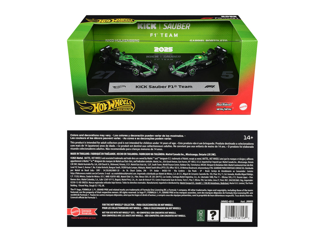 'Kick Sauber F1 Team' Formula One F1 World Championship (2025) 2 Piece Set Diecast Model Cars by Hot Wheels