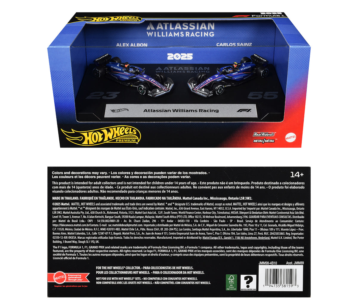 'Atlassian Williams Racing' Formula One F1 World Championship (2025) 2 Piece Set Diecast Model Cars by Hot Wheels