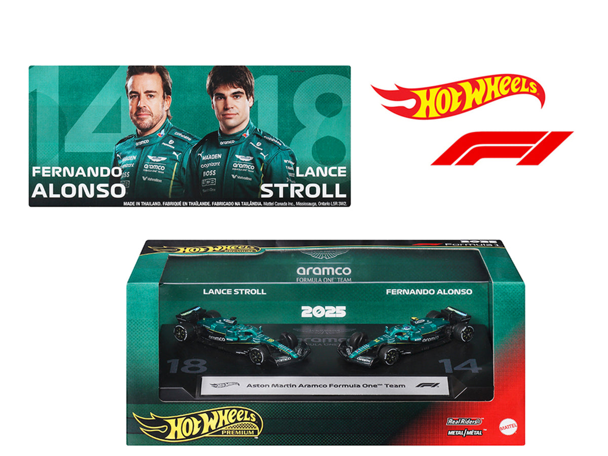 'Aston Martin Aramco Formula One Team' Formula One F1 World Championship (2025) 2 Piece Set Diecast Model Cars by Hot Wheels