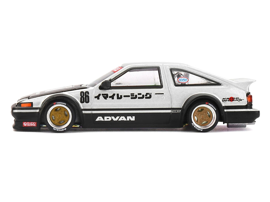 Toyota AE86 Sprinter Trueno RHD (Right Hand Drive) #86 'Kaido Street V2' Silver Metallic and Black with Carbon Hood and Graphics (Designed by Jun Imai) 'Kaido House' 1/64 Die Cast Model Car by Mini GT