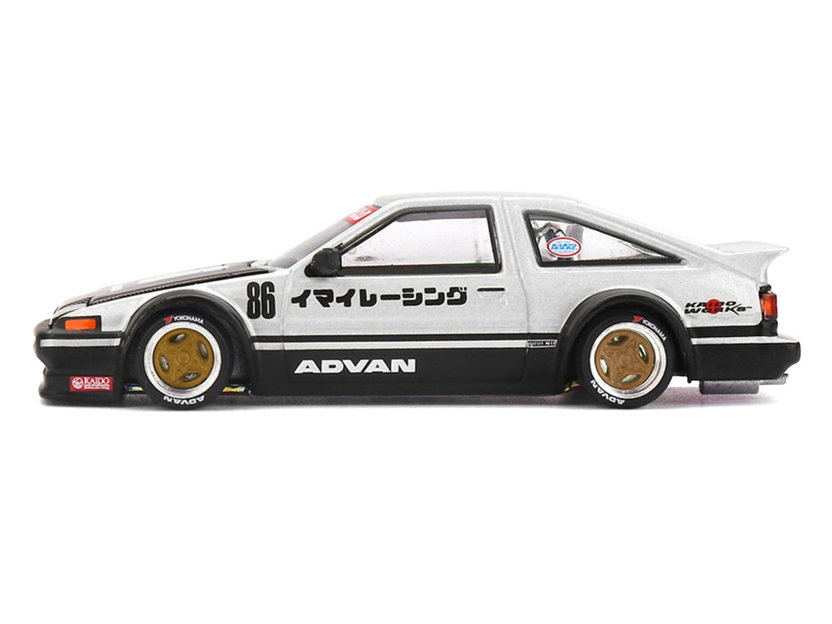 Toyota AE86 Sprinter Trueno RHD (Right Hand Drive) #86 'Kaido Street V2' Silver Metallic and Black with Carbon Hood and Graphics (Designed by Jun Imai) 'Kaido House' 1/64 Die Cast Model Car by Mini GT