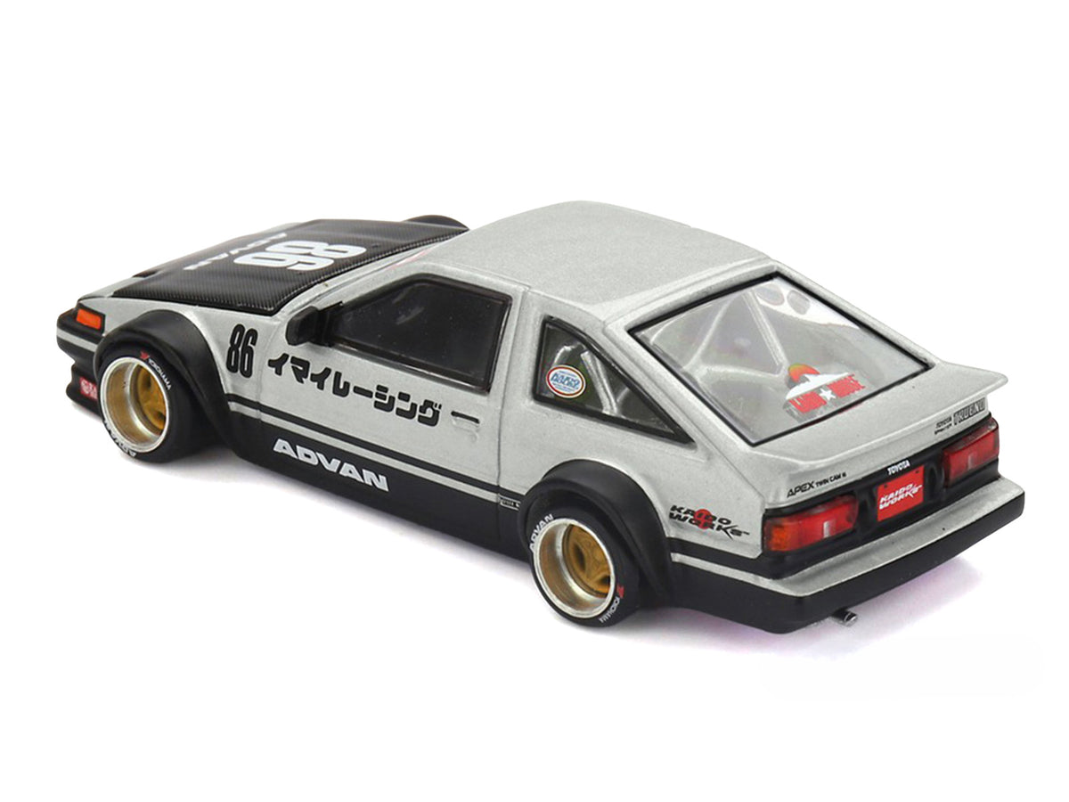 Toyota AE86 Sprinter Trueno RHD (Right Hand Drive) #86 'Kaido Street V2' Silver Metallic and Black with Carbon Hood and Graphics (Designed by Jun Imai) 'Kaido House' 1/64 Die Cast Model Car by Mini GT