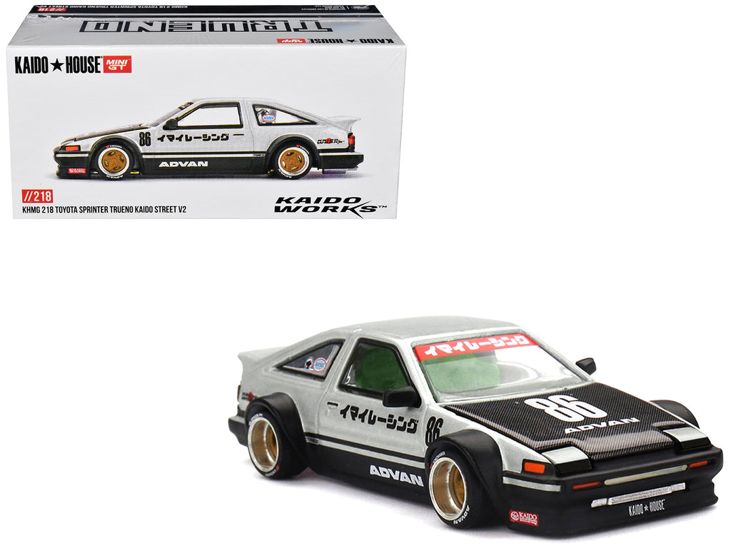 Toyota AE86 Sprinter Trueno RHD (Right Hand Drive) #86 'Kaido Street V2' Silver Metallic and Black with Carbon Hood and Graphics (Designed by Jun Imai) 'Kaido House' 1/64 Die Cast Model Car by Mini GT