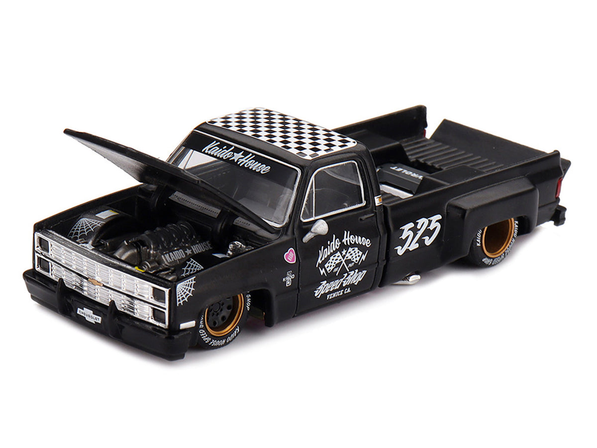 Chevrolet Silverado Dually Pickup Truck 'Hot Rod V1' Matt Black with Checkered Top and Graphics (Designed by Jun Imai) 'Kaido House' Special 1/64 Diecast Model Car by Mini GT