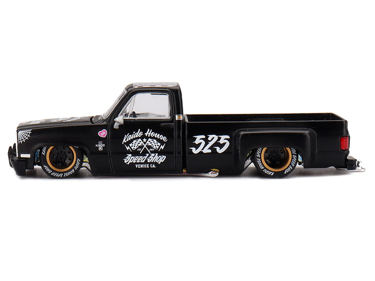 Chevrolet Silverado Dually Pickup Truck 'Hot Rod V1' Matt Black with Checkered Top and Graphics (Designed by Jun Imai) 'Kaido House' Special 1/64 Diecast Model Car by Mini GT