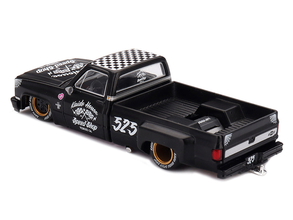 Chevrolet Silverado Dually Pickup Truck 'Hot Rod V1' Matt Black with Checkered Top and Graphics (Designed by Jun Imai) 'Kaido House' Special 1/64 Diecast Model Car by Mini GT