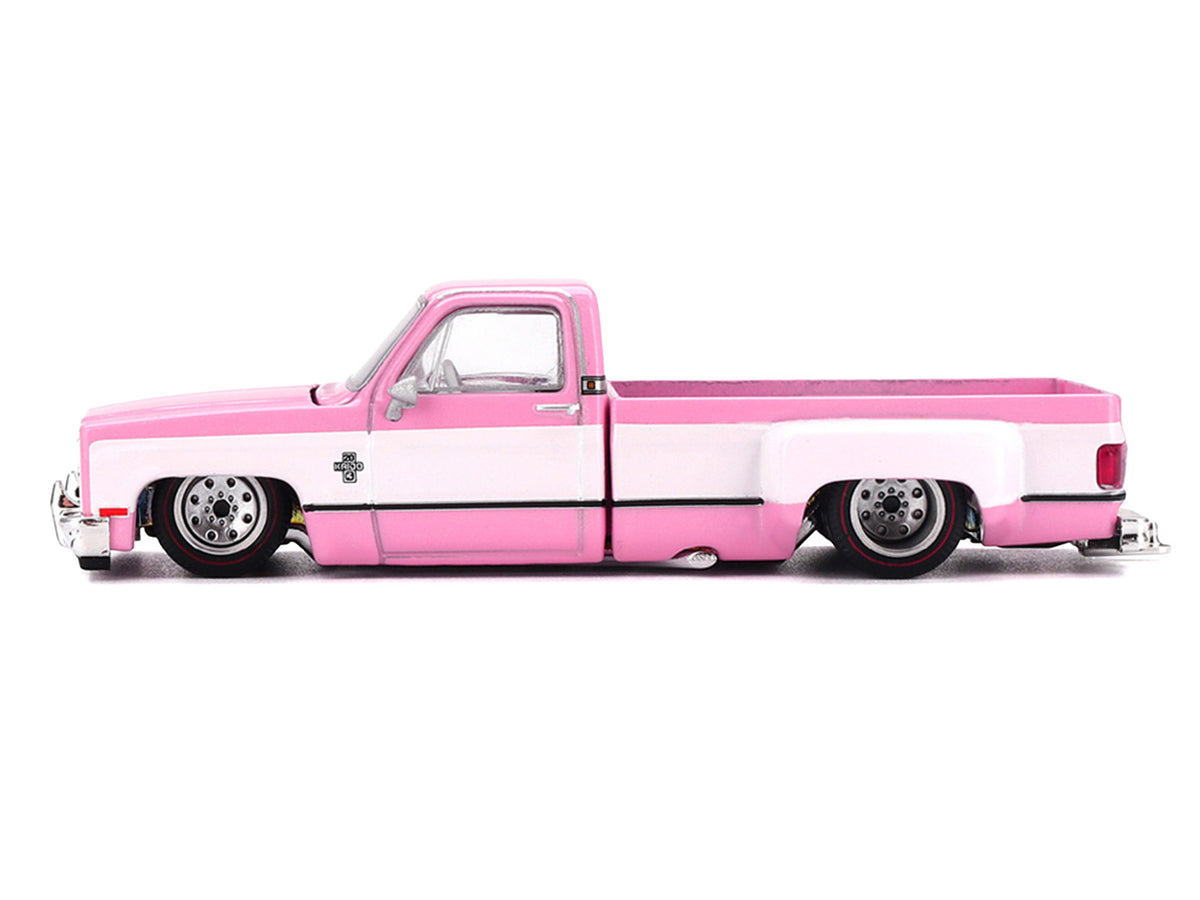 Chevrolet Silverado Dually Pickup Truck 'Vintage Spec V2' Pink with White Sides (Designed by Jun Imai) 'Kaido House' Special 1/64 Diecast Model Car by Mini GT