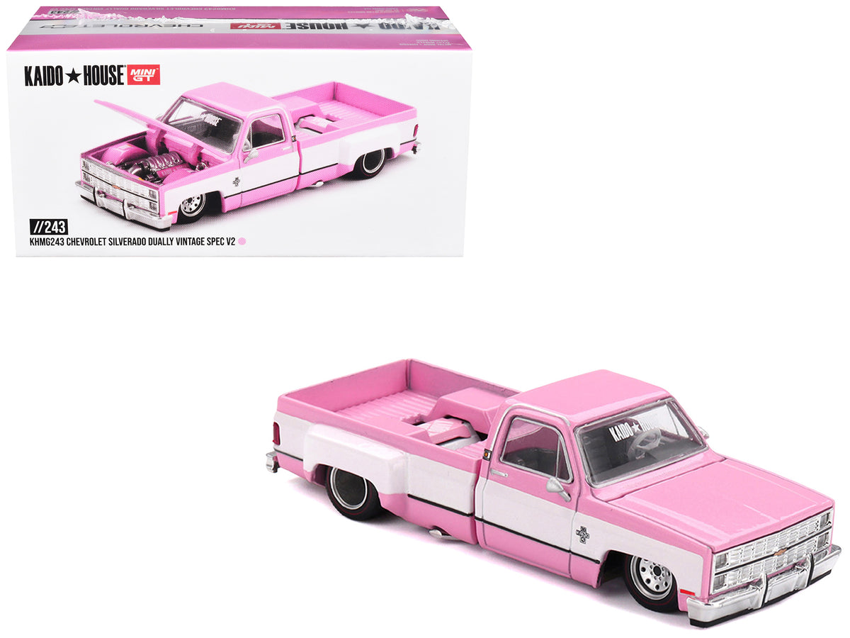 Chevrolet Silverado Dually Pickup Truck 'Vintage Spec V2' Pink with White Sides (Designed by Jun Imai) 'Kaido House' Special 1/64 Diecast Model Car by Mini GT
