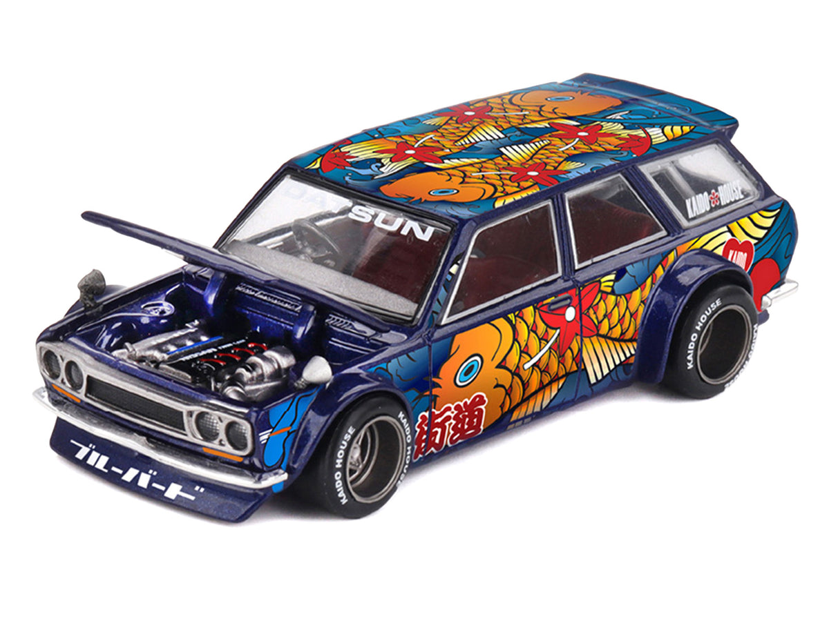 Datsun Kaido 510 Wagon RHD (Right Hand Drive) 'Koi Wagon V1' Blue with Koi Fish Graphics (Designed by Jun Imai) 'Kaido House' Special 1/64 Diecast Model Car by Mini GT